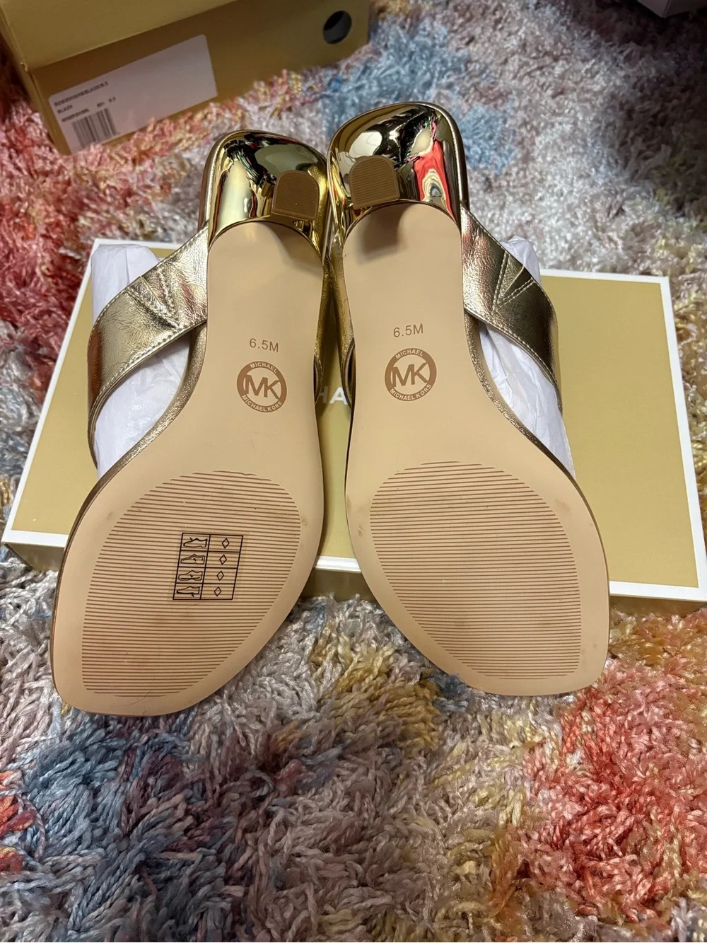 Michael Kors Metallic Gold Thong Sandals with Logo Medallion